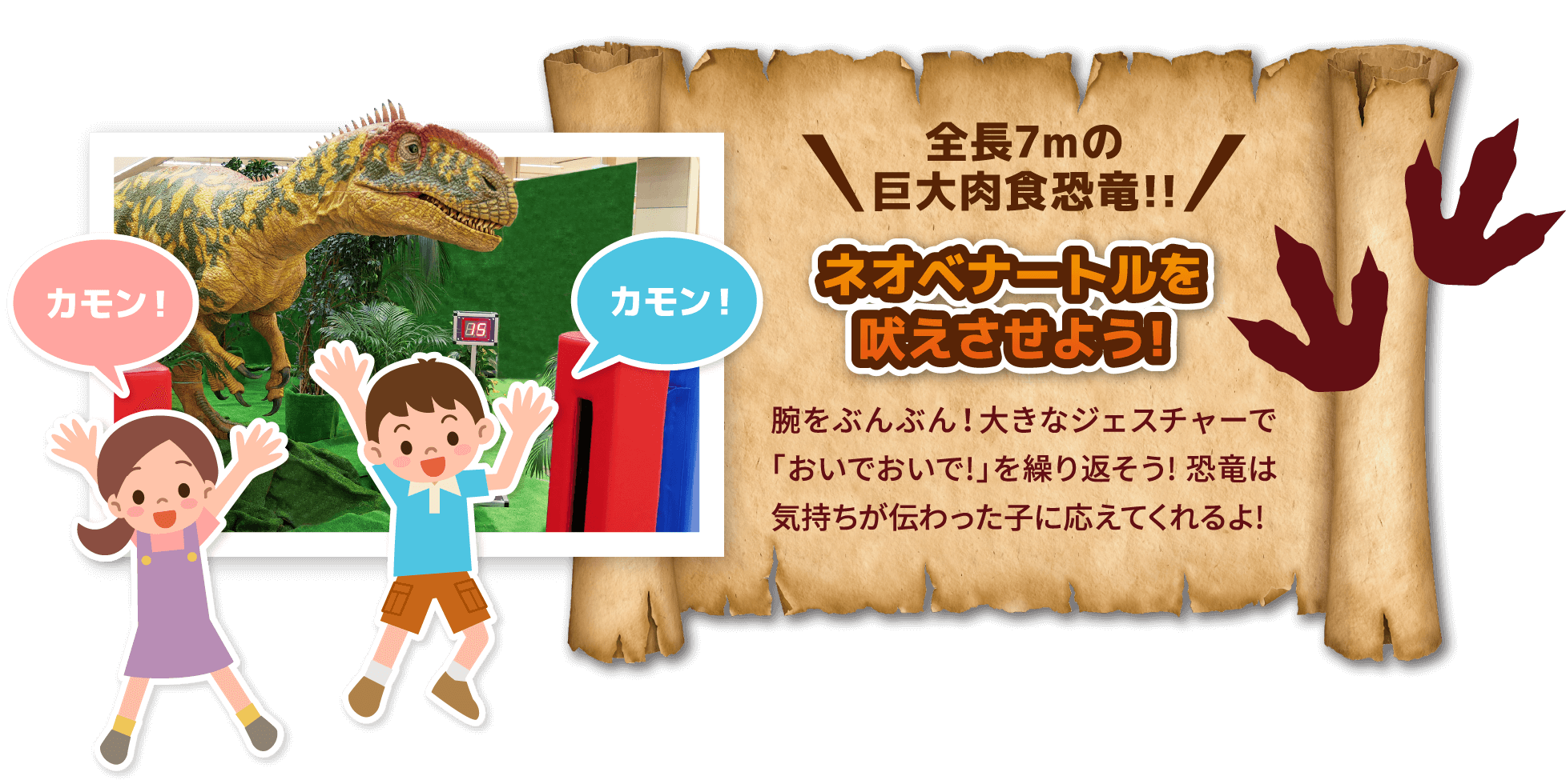 全長7mの巨大肉食恐竜!! ネオベナートルを吠えさせよう！　腕をぶんぶん！大きなジェスチャーで「おいでおいで！」を繰り返そう！恐竜は気持ちが伝わった子に応えてくれるよ！
